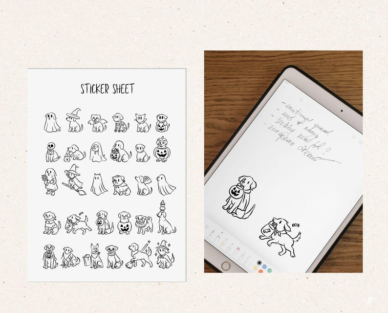 A bundle of 30 hand-drawn whimsical Halloween pup illustrations featuring dogs in spooky cute costumes, including ghost puppies, witch dogs on broomsticks, skeleton pups, pumpkin costume dogs, and trick-or-treating puppies. Perfect for digital crafts, stickers, invitations, sublimation, and Halloween decorations. Includes SVG, PNG, and EPS formats for Cricut, Silhouette, and other design software. Whimsical, playful, and perfect for pet lovers and Halloween projects.