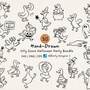 May include: A set of 30 hand-drawn illustrations of geese in Halloween costumes. The black and white images include geese dressed as a witch, a ghost, and a goose holding a sign saying "Honk or Treat". The text "Silly Goose Halloween Party Bundle" is also present.