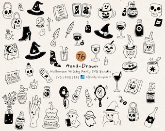 Paquete SVG de Halloween con brujas: Imágenes espeluznantes dibujadas a mano, fantasmas caprichosos y garabatos de brujas (descarga digital)