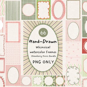Op de afbeelding: Een collectie van 66 handgetekende aquarelframes in diverse vormen en patronen, met roze, groene en witte kleurenschema's. De centrale ovale afbeelding toont de tekst: 66 Hand-Drawn Whimsical watercolor Frames Strawberry Picnic Bundle PNG ONLY.
