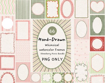 Whimsical Watercolor Frames PNG Strawberry Picnic Bundle - 66 Border Clipart, Invitation Scrapbook Frame