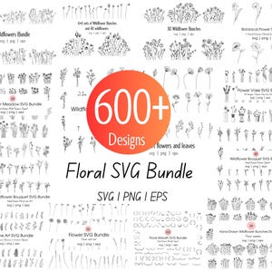 Pode incluir: Uma coleção de designs florais SVG, incluindo flores silvestres, buquês e arte linear floral. A imagem apresenta mais de 600 designs nos formatos SVG, PNG e EPS. Os designs são em preto e branco, com vários arranjos florais.
