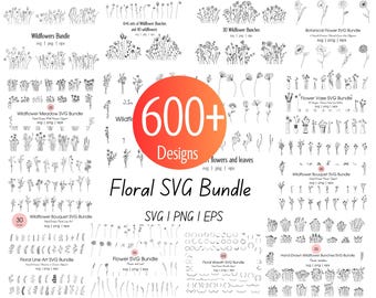 Paquete de archivos SVG de flores silvestres: más de 600 diseños florales dibujados a mano, imágenes prediseñadas de flores, motivos (descarga digital)