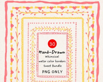 Whimsical Watercolor Borders PNG | Hand Drawn Sweet Frame Clipart | Cute Valentines Decorative Borders for Invitations, Crafts, Scrapbooking