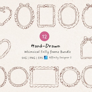 Puede incluir: Una colección de doce marcos caprichosos y con volantes dibujados a mano en varias formas, incluyendo corazones, óvalos y rectángulos, con lazos decorativos. Los marcos son marrones sobre un fondo crema. También está presente el texto "Hand-Drawn Whimsical Frilly frame Bundle".