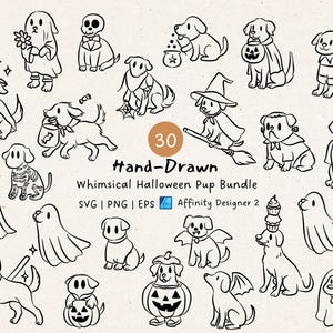 A bundle of 30 hand-drawn whimsical Halloween pup illustrations featuring dogs in spooky cute costumes, including ghost puppies, witch dogs on broomsticks, skeleton pups, pumpkin costume dogs, and trick-or-treating puppies. Perfect for digital crafts, stickers, invitations, sublimation, and Halloween decorations. Includes SVG, PNG, and EPS formats for Cricut, Silhouette, and other design software. Whimsical, playful, and perfect for pet lovers and Halloween projects.