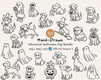 Hand Drawn Whimsical Halloween Pup SVG Bundle, Cute Dog Costume Bundle, adorable Halloween Doodles,Cute Spooky Clipart, ghost puppies Cricut