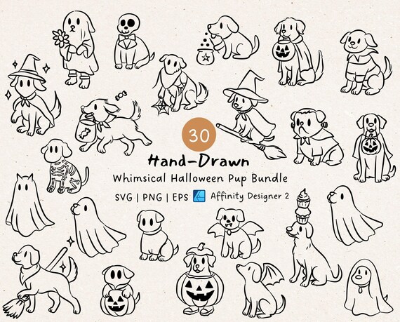Hand Drawn Whimsical Halloween Pup SVG Bundle, Cute Dog Costume Bundle, adorable Halloween Doodles,Cute Spooky Clipart, ghost puppies Cricut