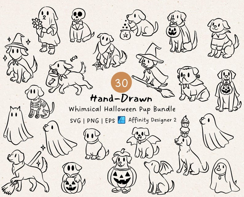 A bundle of 30 hand-drawn whimsical Halloween pup illustrations featuring dogs in spooky cute costumes, including ghost puppies, witch dogs on broomsticks, skeleton pups, pumpkin costume dogs, and trick-or-treating puppies. Perfect for digital crafts, stickers, invitations, sublimation, and Halloween decorations. Includes SVG, PNG, and EPS formats for Cricut, Silhouette, and other design software. Whimsical, playful, and perfect for pet lovers and Halloween projects.
