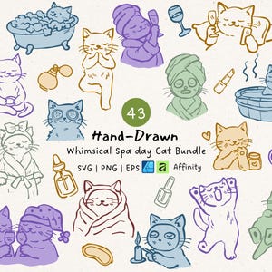Spa Day Cat SVG Bundle - Self Care Cat Clipart PNG EPS, Cute Relaxing Design, Wellness Cat Illustration