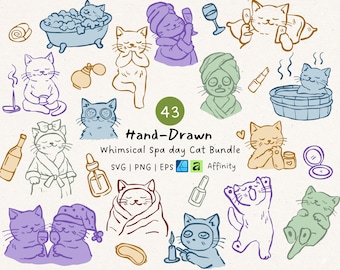 Spa Day Cat SVG Bundle - Self Care Cat Clipart PNG EPS, Cute Relaxing Design, Wellness Cat Illustration