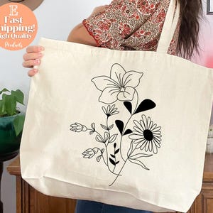 Floral Tote Bag, Minimalist Flower Design, Everyday Tote Bag, Women, Botanical Tote, Canvas Tote, Shoulder Bag, Farmers Market Bag