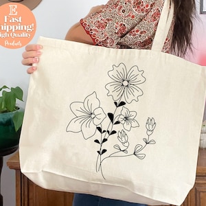 Canvas Floral Tote Bag, Flower Line Art, Eco-Friendly Shopping Bag, Women&#39;s Gift, Botanical Tote, Grocery Bag, Reusable Bag