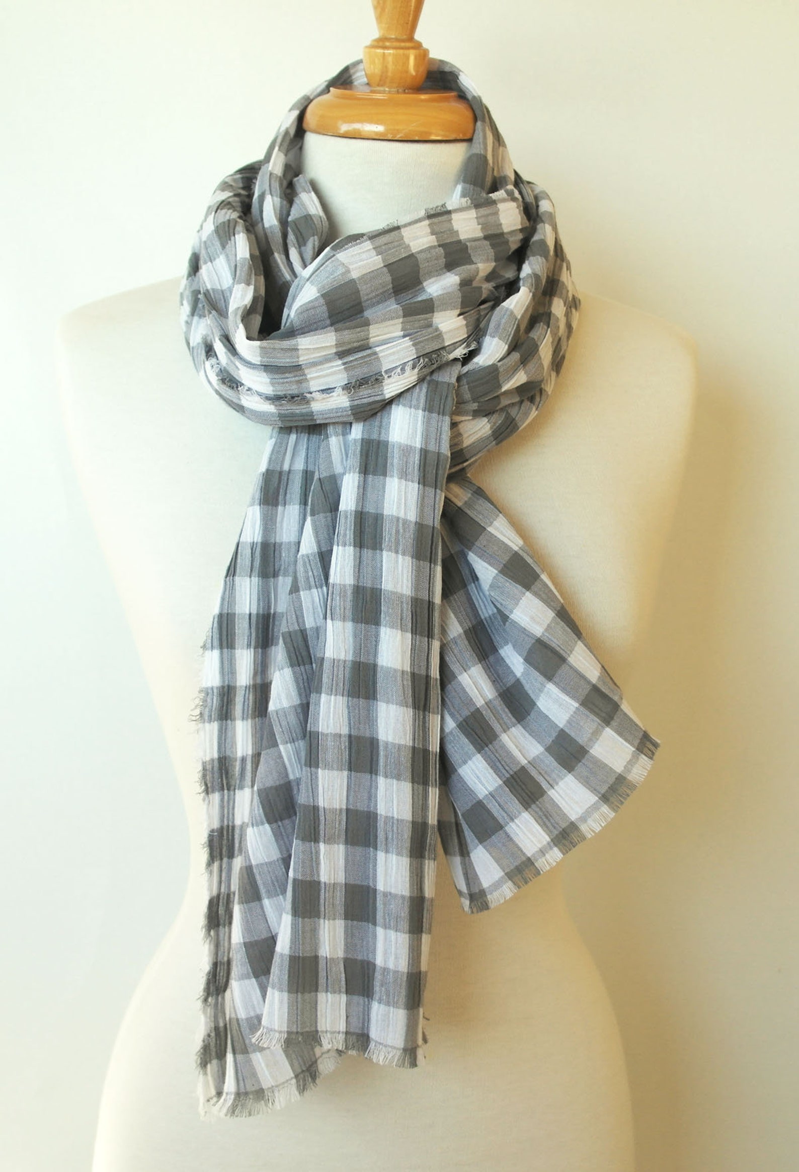 Gray Check Cotton Scarf Square Handmade Scarf Made in | Etsy