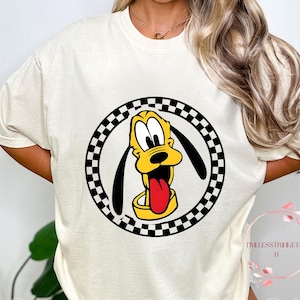 Retro Pluto Disney Shirt | Vintage Cartoon Dog Tee with Checker Circle Design | Comfort Colors Style for Disney Family Trips & Park Days