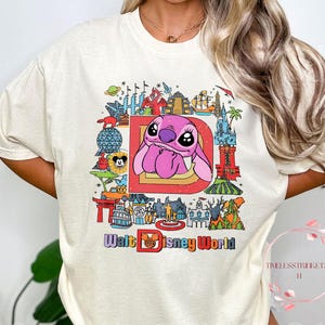 Engel Disney World Shirt | Retro Stitch Freundin T-Shirt | Walt Disney World Pastell Postkarten-Shirt | Komfort Farben Süßes Alien Top | Geschenkidee