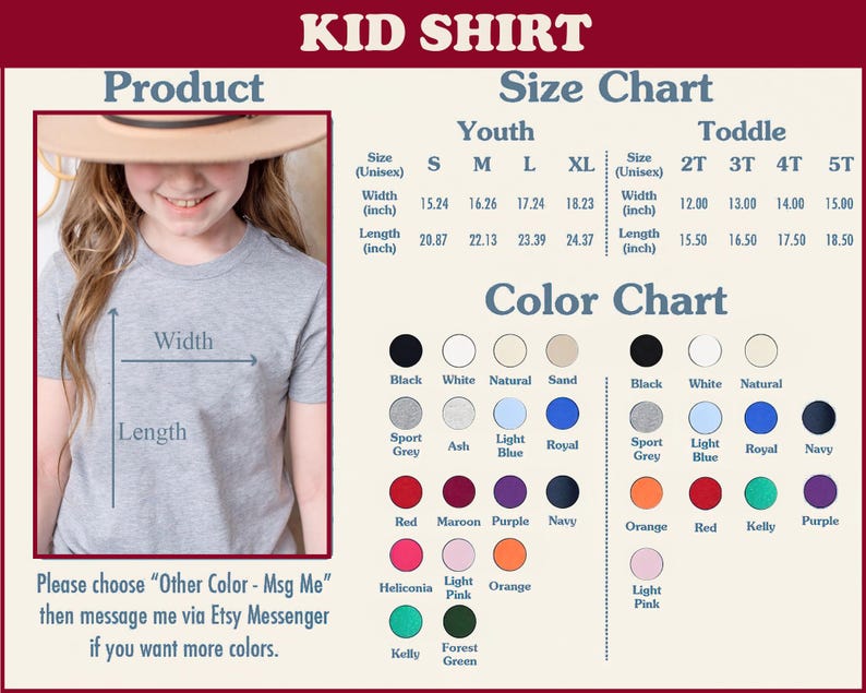K&ouml;nnte beinhalten: Eine Gr&ouml;&szlig;entabelle f&uuml;r T-Shirts f&uuml;r Kinder und Kleinkinder, die die Ma&szlig;e in Zoll angibt. Die Tabelle enth&auml;lt eine Farbtabelle mit verschiedenen Farben, darunter Schwarz, Wei&szlig;, Natur, Sand, Sportgrau, Asche, Hellblau, Royalblau, Marineblau, Rot, Maroon, Lila, Orange, Kelly und Heliconia. Der Text "Kid Shirt" befindet sich oben in der Tabelle.