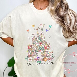 Retro Disney Castle Floral Shirt | Happiest Place on Earth Tee | Magic Kingdom Comfort Colors Shirt | Disney World Trip Gift for Her