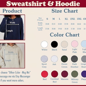 K&ouml;nnte beinhalten: Gr&ouml;&szlig;entabelle f&uuml;r Sweatshirts und Hoodies mit Ma&szlig;en in Zoll. Farbkarte mit 14 verschiedenen Farboptionen f&uuml;r Sweatshirts und Hoodies. Der Text "Bitte w&auml;hlen Sie "Andere Farbe - Msg Me" und kontaktieren Sie mich dann &uuml;ber Etsy Messenger, wenn Sie weitere Farben w&uuml;nschen." befindet sich am unteren Rand des Bildes.