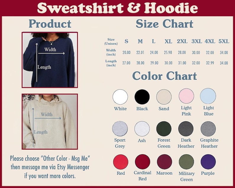 K&ouml;nnte beinhalten: Gr&ouml;&szlig;entabelle f&uuml;r Sweatshirts und Hoodies mit Ma&szlig;en in Zoll. Farbkarte mit 14 verschiedenen Farboptionen f&uuml;r Sweatshirts und Hoodies. Der Text "Bitte w&auml;hlen Sie "Andere Farbe - Msg Me" und kontaktieren Sie mich dann &uuml;ber Etsy Messenger, wenn Sie weitere Farben w&uuml;nschen." befindet sich am unteren Rand des Bildes.