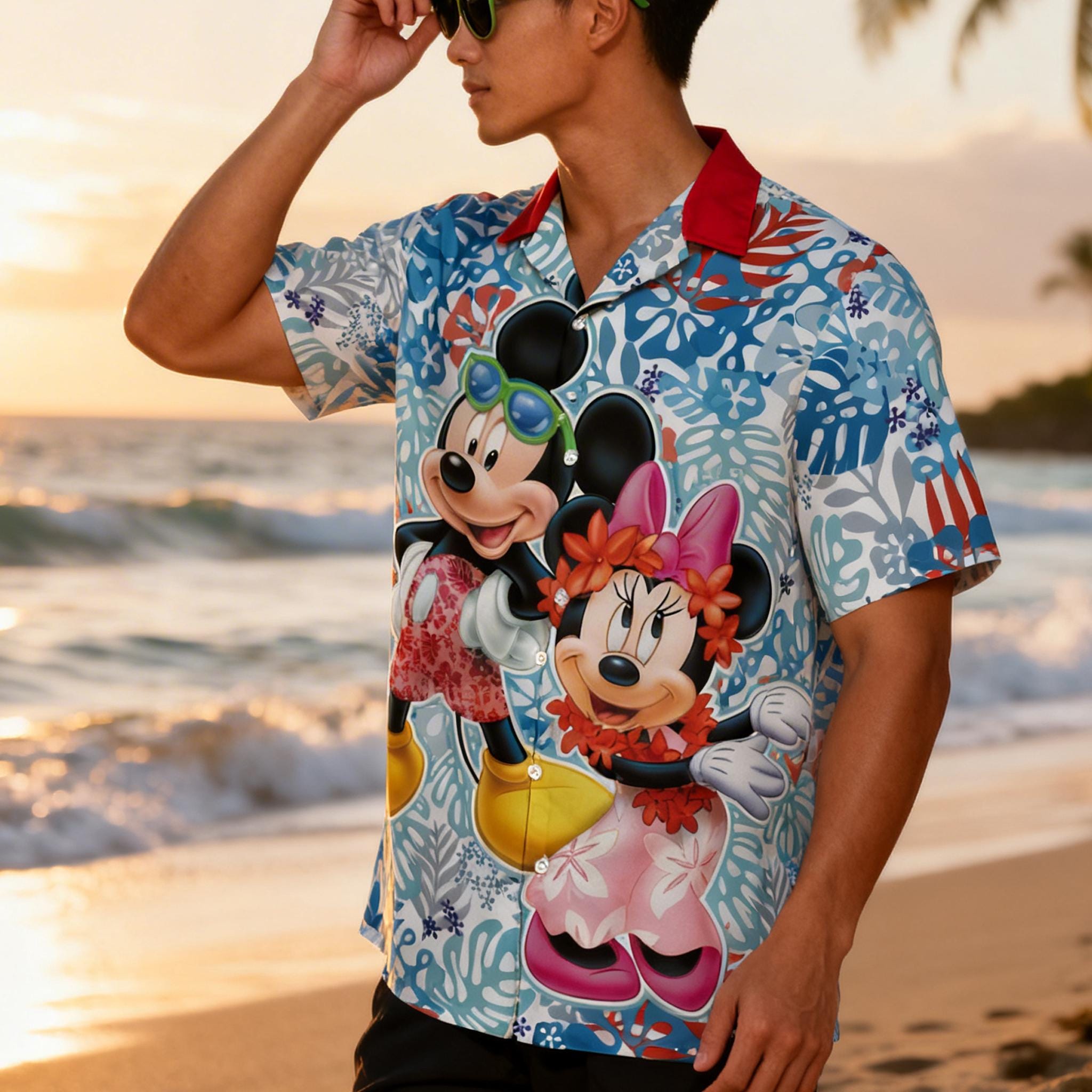 Discover Mickey & Minnie Hawaiian Shirt, Tropical DisneySummer Couple Shirt, Summer Beach Vacation Button Up, Unisex Aloha Shirt