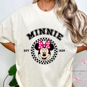 Retro Minnie Mouse Shirt | Vintage EST 1928 Disney Tee | Pink Bow Checkered Graphic Top | Classic Cartoon Girl Gift Tee | Disneywear
