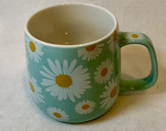 Floral Ceramic Coffee Mug Tea Cup Light Blue with White Daisy Flower Pattern