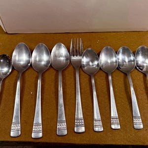 May include: A collection of stainless steel silverware, including spoons and a fork, arranged on a brown surface. The spoons have a rounded bowl and a decorative pattern near the handle. The fork has four tines.