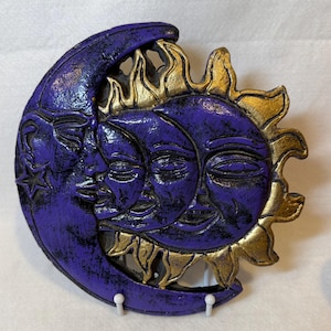 90s Retro Celestial Triquetra Faces Wall Hanging - Purple & Gold Plaster Art