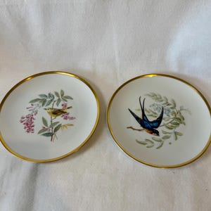 May include: Two white ceramic plates with gold rims. One plate features a yellow bird perched on a flowering branch with pink blossoms. The other plate displays a blue and black bird on a branch with green leaves and blue flowers.