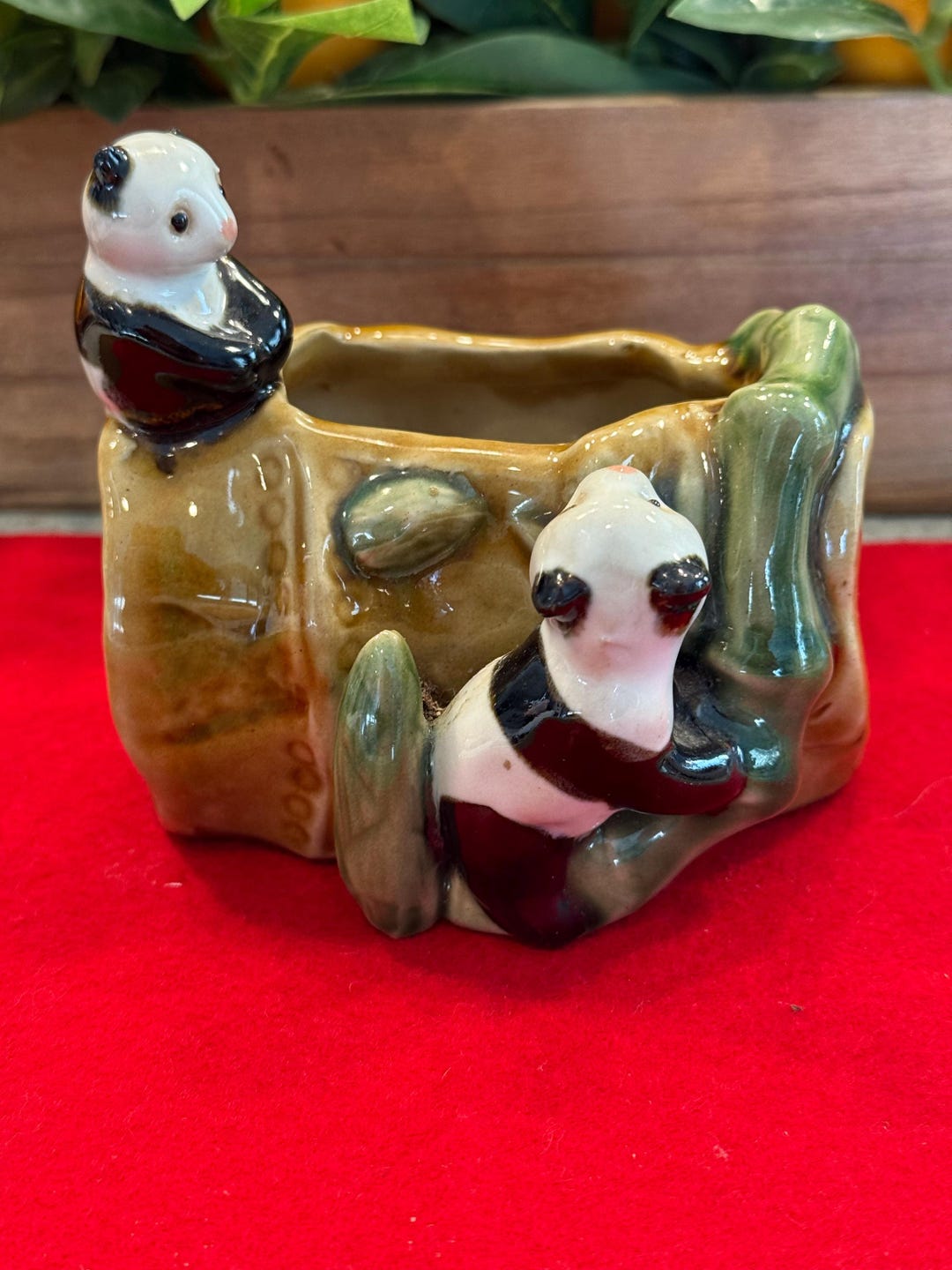 Vintage 70s Panda GREEN Bamboo Ceramic Planter Bowl Vase Pottery ...