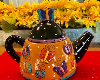 Bella Casa Ganz Butterfly Teapot By Laurel Burch Colorful Ceramic 2 Piece