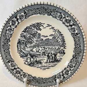 Set of 3 Vintage Royal China Pilgrim Salad Plates, Blue Gray Harvest Transferware, 7.25" Farmhouse Decor, Mid Century Ironstone