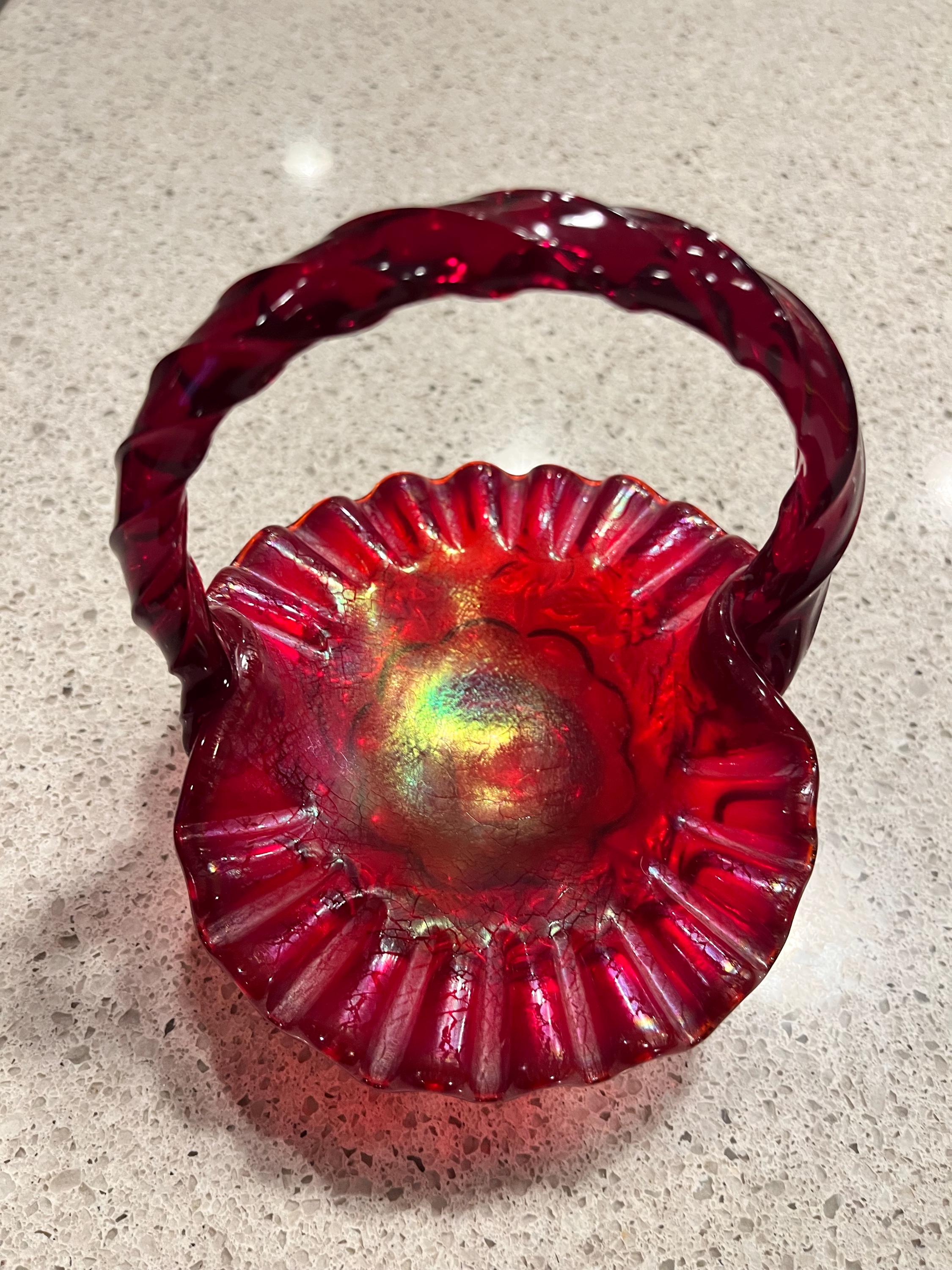 Fenton 2003 Historic Collection Ruby Amberrina Basket 4633  Fenton 2003 Historic Collection Ruby Amberina Basket #4633 RL Paneled Grapes main image 0