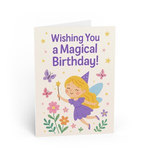 Carte d'anniversaire fée magique pour fille Fée mignonne avec baguette et papillons Carte de voeux lunatique kawaii pour enfant