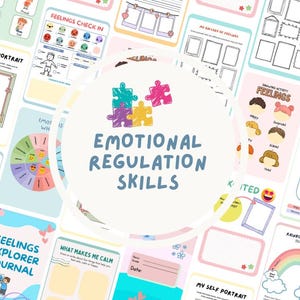 May include: A collection of printable worksheets for emotional regulation skills. The pages feature illustrations of emotions, self-portraits, and activities like feelings check-ins and rainbow breathing. The central design includes the text "EMOTIONAL REGULATION SKILLS".