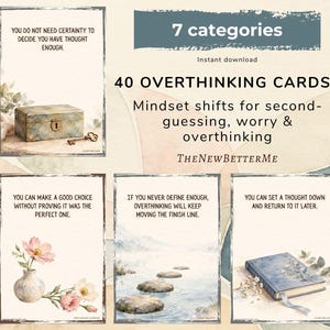 Puede incluir: Un conjunto de 40 tarjetas de sobrepensamiento con 7 categorías de cambios de mentalidad. Cada tarjeta muestra una cita inspiradora junto con ilustraciones en acuarela, incluyendo una caja de madera, un cisne, flores, piedras, un libro y una escena de playa.