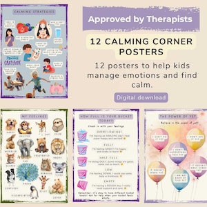 Könnte beinhalten: Ein Set von 12 Calm Corner Postern mit Illustrationen und Text, um Kindern zu helfen, Emotionen zu bewältigen und Ruhe zu finden. Die Poster umfassen Strategien, Box-Atmung und das Umwandeln schlechter Gedanken.