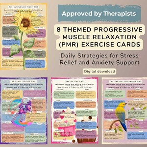 Cartões de exercícios temáticos de Relaxamento Muscular Progressivo (PMR), Habilidade de enfrentamento, Alívio do estresse e da ansiedade, Terapia, Cartões calmantes, Saúde mental