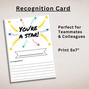 JE BENT EEN STER! Erkenningskaart voor collega's of teamgenoten, teambuilding, direct downloaden, print onbeperkt kaarten van 5 x 7 inch op 8,5 x 11 inch