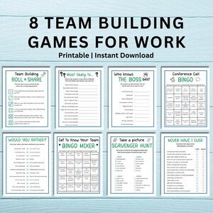 Puede incluir: Un conjunto de ocho juegos imprimibles para la creación de equipos en el trabajo, con títulos como "Roll & Share" y "Never Have I Ever". Los juegos están disponibles para descarga instantánea y presentan un diseño turquesa y blanco.