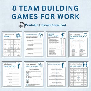 Puede incluir: Juegos de team building imprimibles para el trabajo. Los juegos incluyen: Bingo de llamada de conferencia, El más probable, Nunca he, Toma una foto de la búsqueda del tesoro, Quién conoce al jefe, Team building Tira y comparte, ¿Preferirías, y Bingo mezclador para conocer a tu equipo.