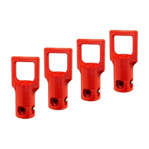 May include: Four identical bright red plastic components, each featuring a rectangular handle at the top and a cylindrical base. The base of each piece includes a small circular opening on the side and a metallic pin protruding from the side.
