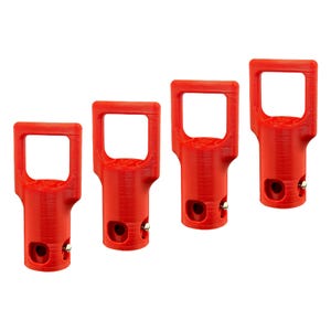 May include: Four identical red plastic components, each featuring a cylindrical base with a side-mounted metal pin and a rectangular handle loop at the top. The surface of each piece shows a subtle, layered texture consistent with 3D printing.
