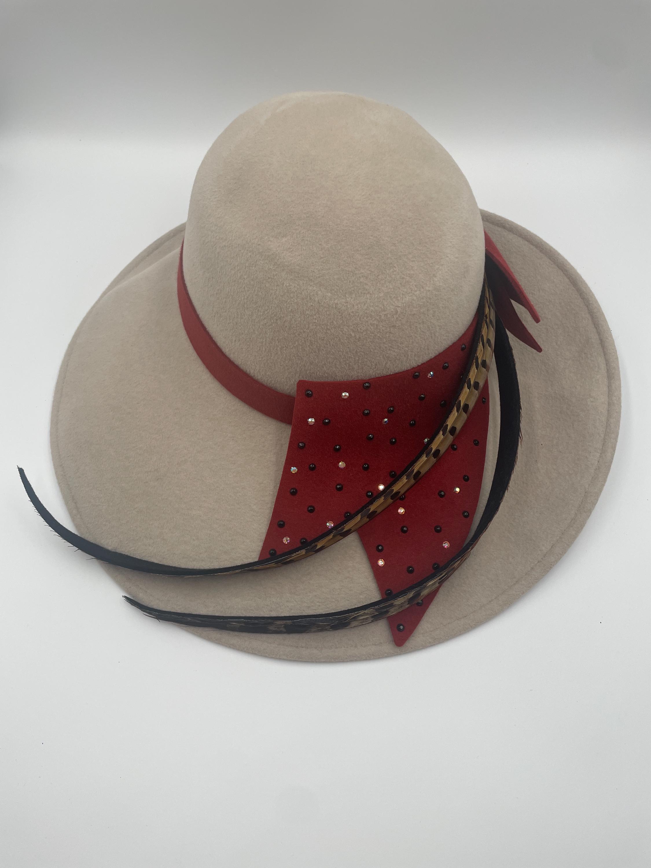 Cream Colored Dramatic Church Hat Jack McConnell Red Feather Vintage Jack McConnell Red Feather Rhinestone Wide Brim Wool  main image 2