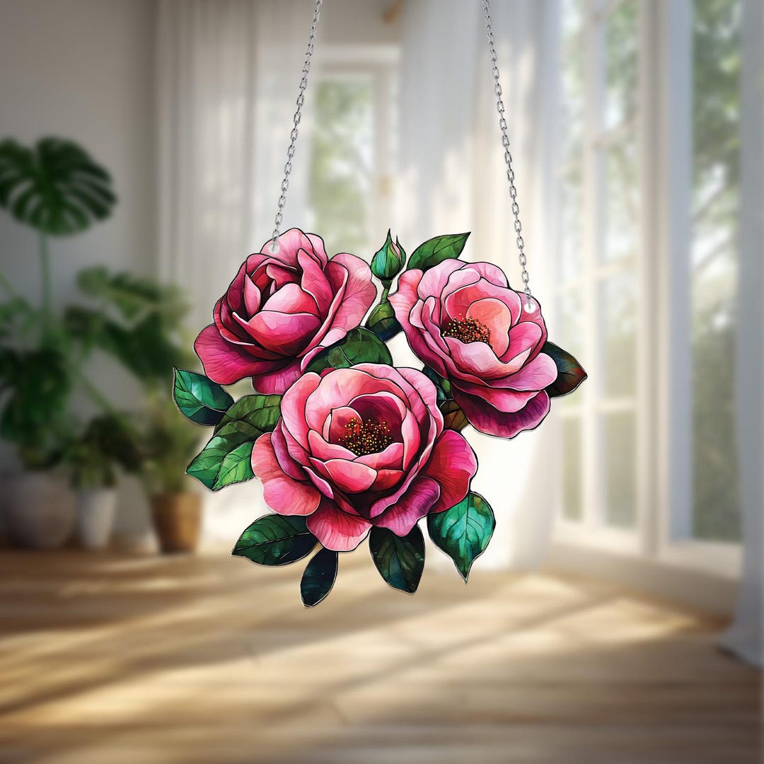 Triple Bloom Rose Window Hanging With Lush Green Leaves, A Vibrant ...