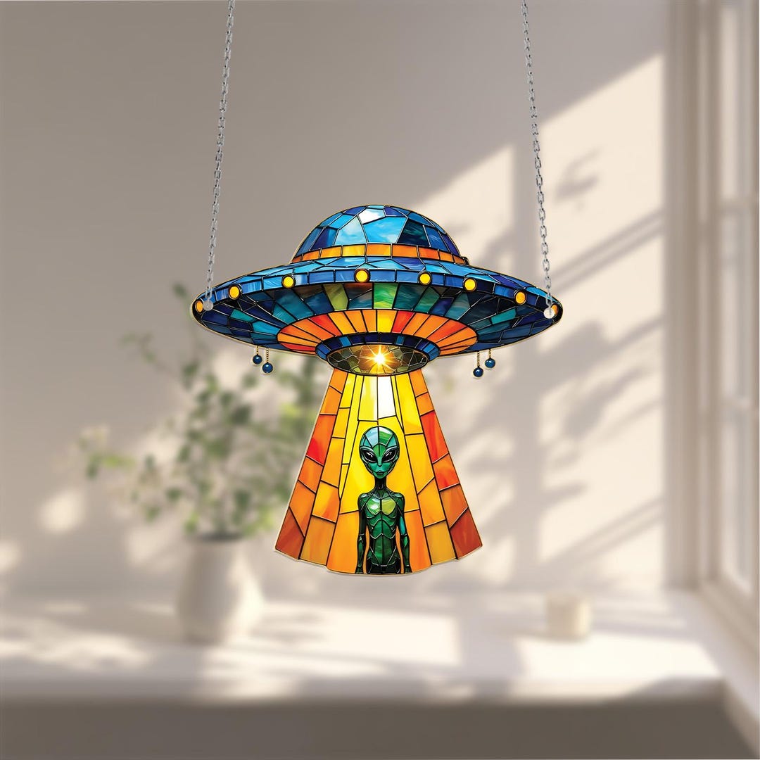 Colorful UFO Window Hanging With Alien Design, Vibrant and Fun, Perfect ...