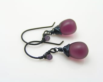Purple Czech Glass Drop Earrings, E1981