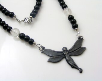 Fairy Necklace, Black Onyx Beads, Dramatic Necklace, Black and White Jewelry, N2328