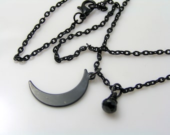 Black Necklace, Crescent Moon Pendant, Black Spinel Jewelry, Gothic, Gift Idea, N2366